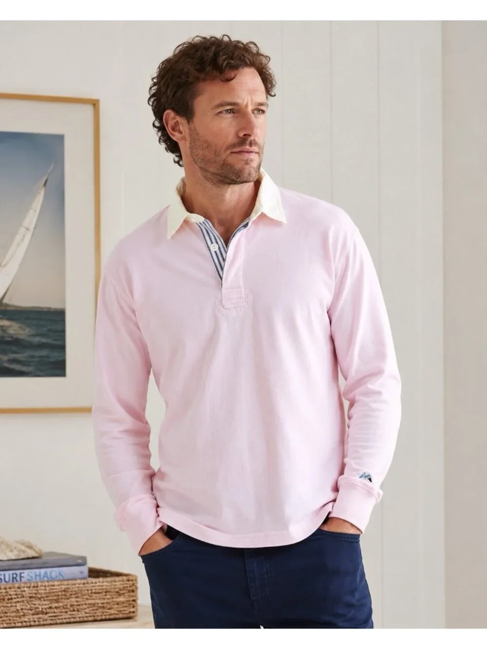 J Crew Oarsman Rugby Shirt Sz Small Pink Striped Placket Elbow Patches 90s Style